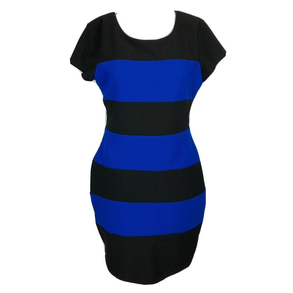 Bisou Bisou Dress Womens Sz 8 Black Blue Striped Cap Sleeve Bodycon Sheath Mini